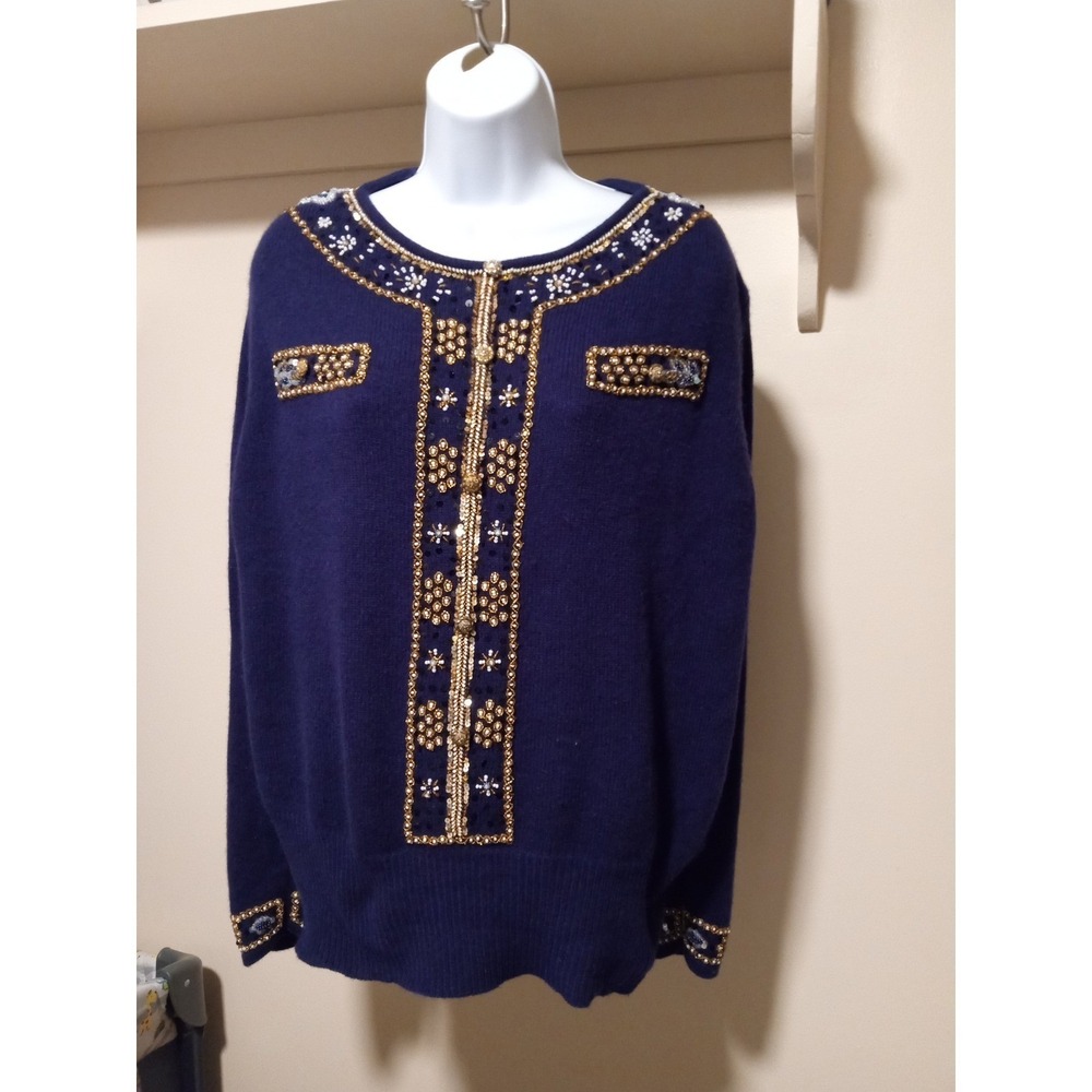 Cervelle Vintage Lambswool‎ Angora Beaded Sequin Sweater Navy Blue Gold XL